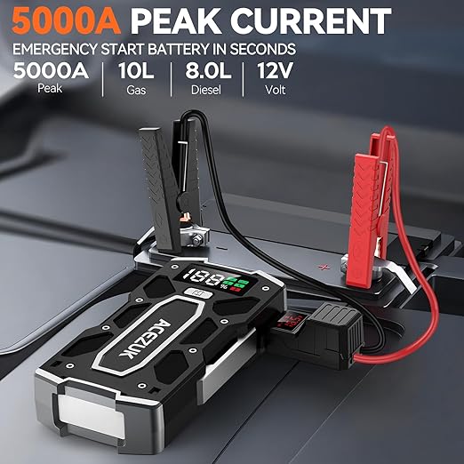 Car Battery Jump Starter 5000A Jump Box (10.0L Gas/8.0L Diesel), Portable Car Starter Battery Pack with Extended Smart Jumper Cables, Quick Charge, Large Display, Lights - Image 9