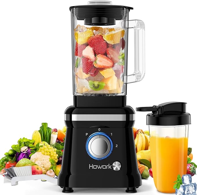 Howork Blender Electric Blender 1200W with Glass Container 1.6L 2 Speeds + Pulse Function 6 Stainless Steel Knives