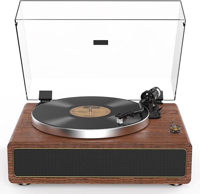 Retrolife Turntable with Integrated Speakers Belt Drive 33/45 RPM Vinyl Record Player Supports Bluetooth Playback with Auto-Stop Function RCA Out and Aux-In Yellow/Brown - Image 2