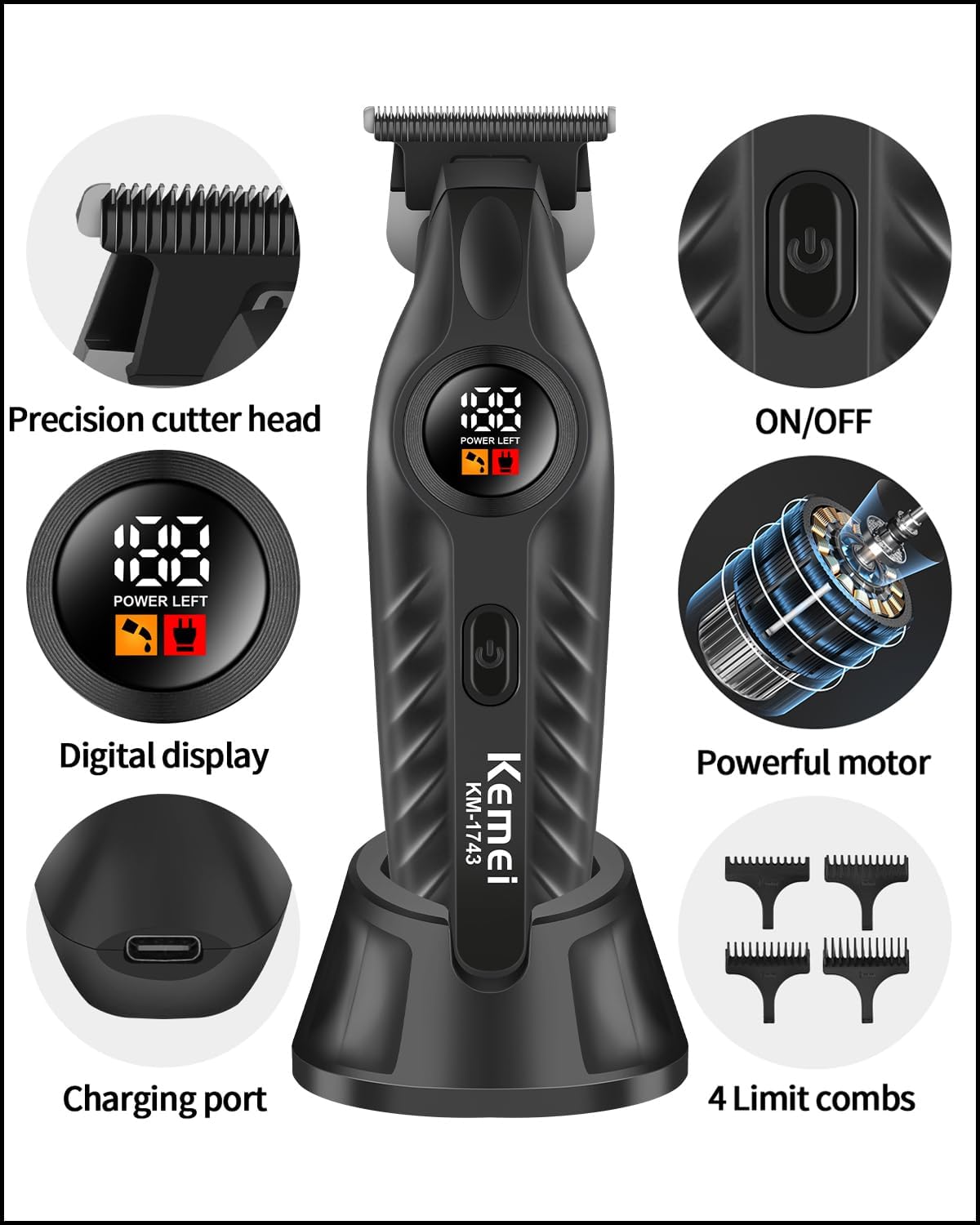 KEMEI 1743 Professional Hair Clippers for Men, Cordless Beard Trimmer, Electric T-Blade Zero Gap Hair Trimmer, USB Rechargeable with 4 Guide Combs - Image 4