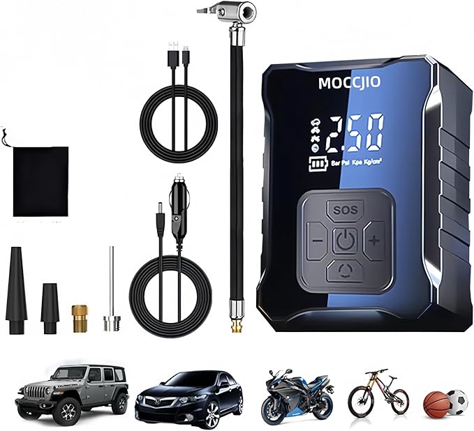 Tire Inflator Portable Air Compressor,With Precise Digital Pressure Gauge, 2x Fast Mini Inflation Pump for Cars, Bike, Balls, Warning Lights, and USB Charging Multi-Purpose Inflation Pump - Image 3