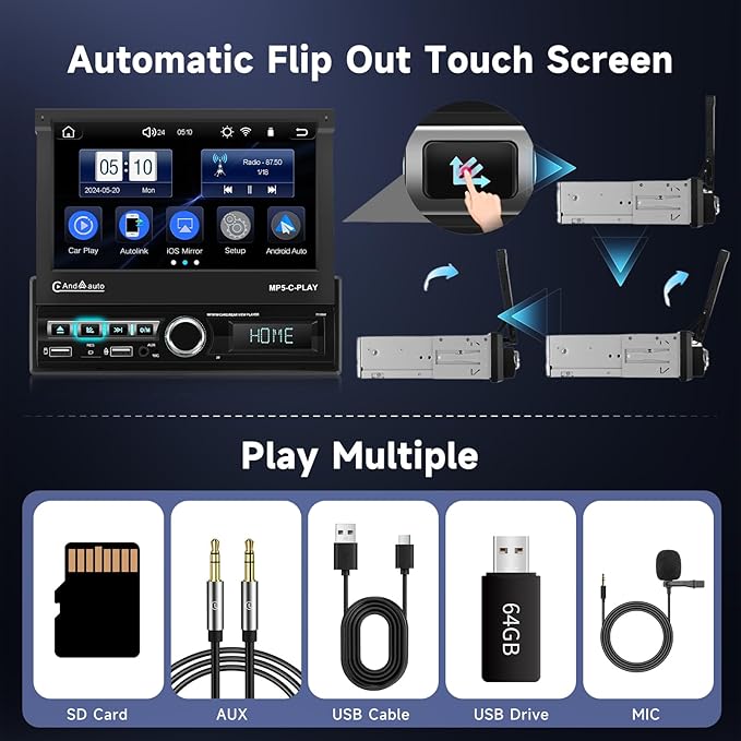 Hodozzy Car Stereo Single Din Automatic Flip Out with Wireless CarPlay Android Auto, 7 Inch Touch Screen Car Radio with Bluetooth 1 Din Mirror Link, EQ SWC, USB/AUX MIC, FM/RDS Radio+ Reversing Camera - Image 8