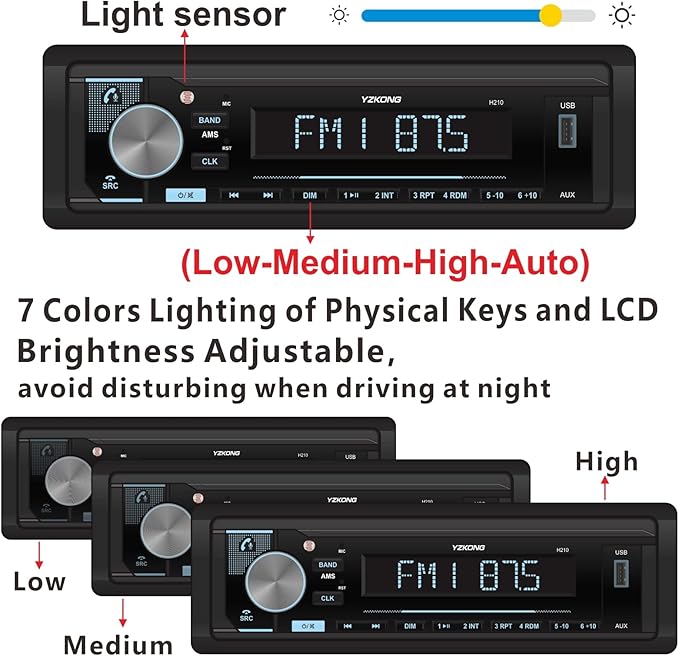 Single DIN Car Radio Receiver Automatic Brightness Bluetooth Car Stereo with LCD Display AM/FM Radio MP3 Player USB SD Aux Port Built-in Microphone Hands-Free Call App Control - Image 8