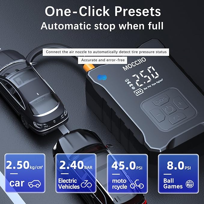 Tire Inflator Portable Air Compressor,With Precise Digital Pressure Gauge, 2x Fast Mini Inflation Pump for Cars, Bike, Balls, Warning Lights, and USB Charging Multi-Purpose Inflation Pump - Image 7