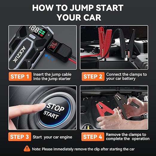 Car Battery Jump Starter 5000A Jump Box (10.0L Gas/8.0L Diesel), Portable Car Starter Battery Pack with Extended Smart Jumper Cables, Quick Charge, Large Display, Lights - Image 4