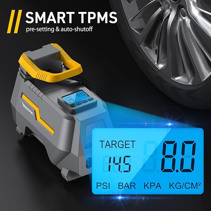 VEEAPE Air Compressor, 220 V 12 V 150 PSI AC DC Dual Power Supply Car Tire Pump for Bicycle Motorcycle Ball with LED Light Adapter Kit Nozzle Presta Valve Cables - Image 8