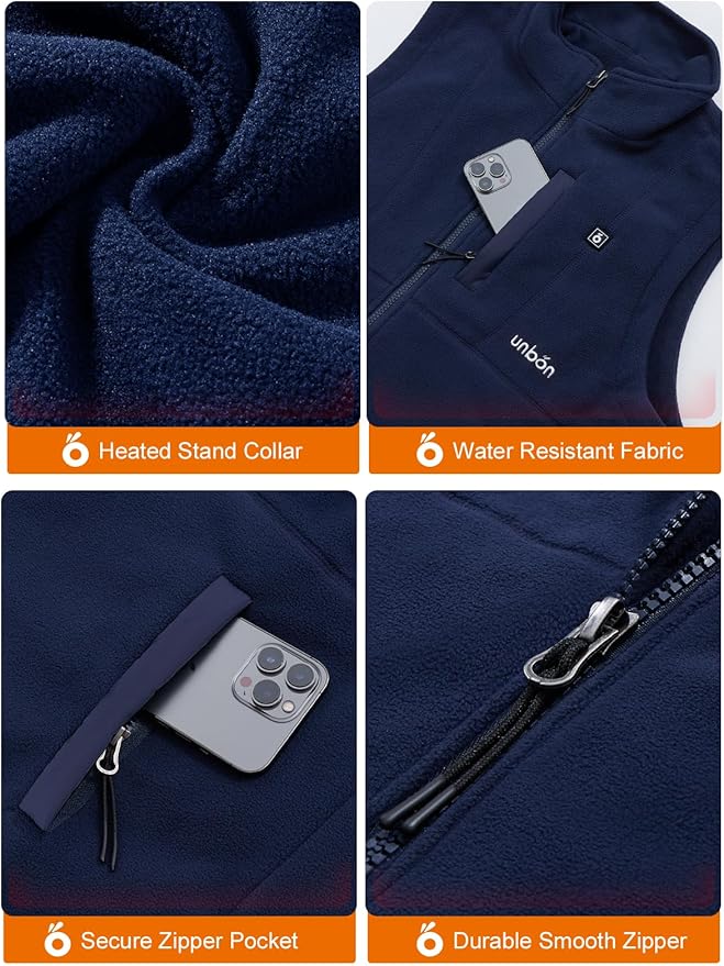 UNBON Men's Heated Jacket, Men's Heated Vest with Battery Included USB 10000mAh Electric, Heated Fleece Jacket with 3 Temperatures 6 Heating Zones Sleeveless for Motorcycle Hunting - Image 5