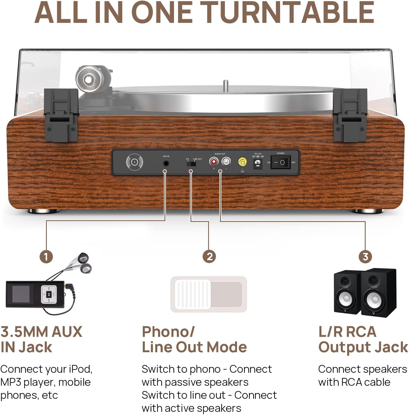 Retrolife Turntable with Integrated Speakers Belt Drive 33/45 RPM Vinyl Record Player Supports Bluetooth Playback with Auto-Stop Function RCA Out and Aux-In Yellow/Brown - Image 7