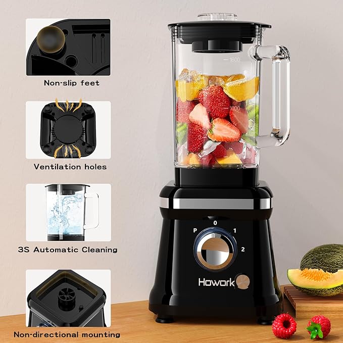 Howork Blender Electric Blender 1200W with Glass Container 1.6L 2 Speeds + Pulse Function 6 Stainless Steel Knives - Image 5