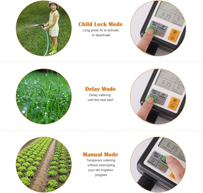 Watering Computer with 3 Inch Screen, Watering Clock with Automatic Irrigation, Rain Delay, Manual Control and Child Lock - Image 8
