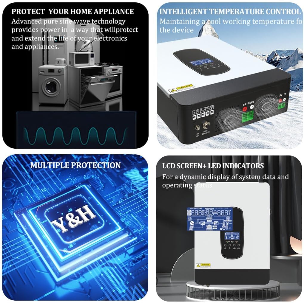 Y&H 2200 W Solar Hybrid Inverter DC12 V to AC230 V, Off-Grid Pure Sine Wave Inverter with 80 A MPPT Solar Charger + AC Charger, Max PV 2000 W DC55-450 V Input, Suitable for 12 V Battery - Image 8