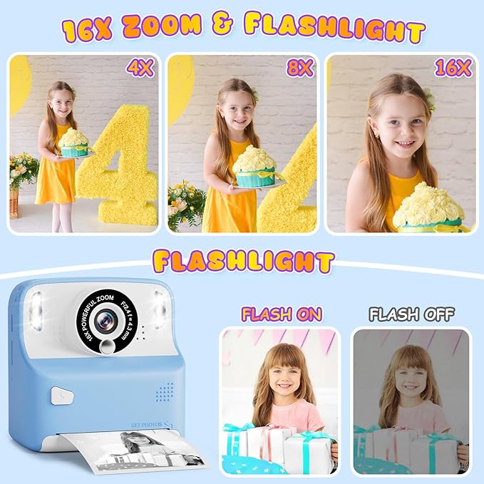 Kids Camera Instant Print for Boys, Digital Camera with 3 Rolls Print Paper & 32G TF Card, Selfie Video Camera with Color Pens for DIY, Christmas Birthday Gift for 3-12 Years Old Kids - Image 6