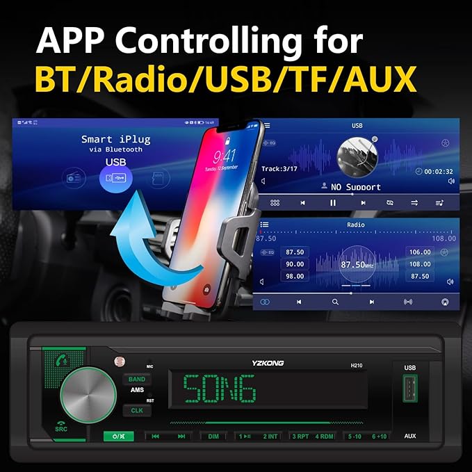 Single DIN Car Radio Receiver Automatic Brightness Bluetooth Car Stereo with LCD Display AM/FM Radio MP3 Player USB SD Aux Port Built-in Microphone Hands-Free Call App Control - Image 7