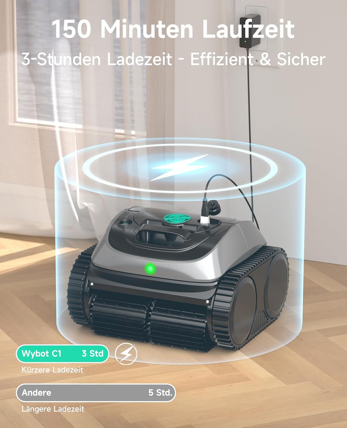 WYBOT C1 pool robot with battery intelligent route planning, fully automatic pool cleaner floor, waterline, and wall cleaning, powerful triple motor runs for 150 minutes, 150 ㎡ grey - Image 7