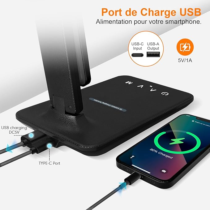 LED Desk Lamp, Foldable Dimmable Bedside Lamp with 5 Colour Modes and 5 Brightness Levels, USB Charging Port, for Reading Work (Black-Pro) - Image 6