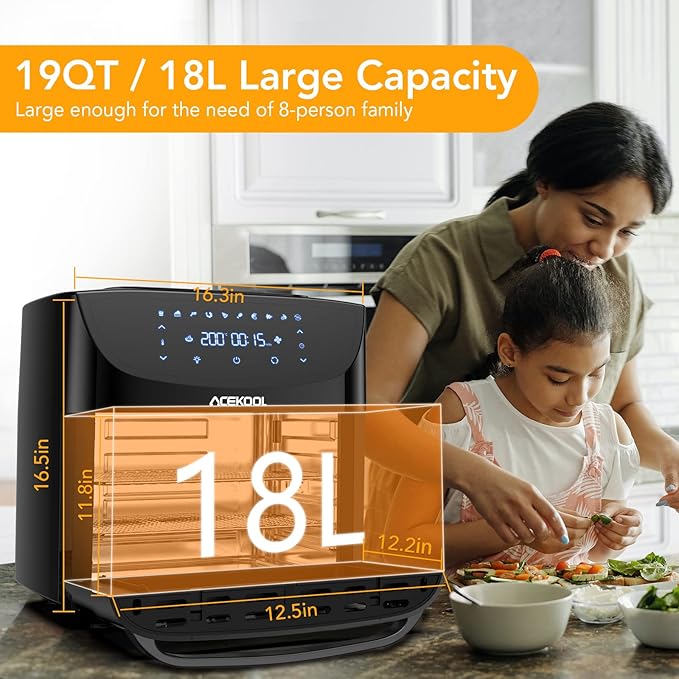 18L Hot Air Fryer XXL, 1800W Hot Air Oven - Air Fryer - Fryer Without Oil - Hot Air Fryer with 7 Accessories, LED Digital Touch Screen, Visualised Window - Acekool Air Fryers FT1 - Image 3