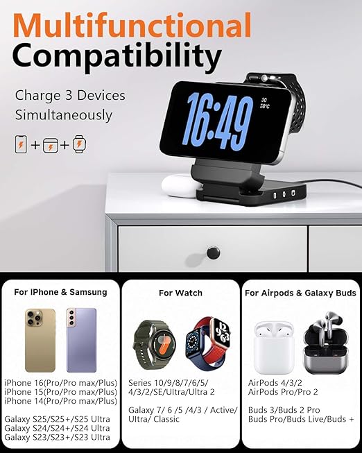 3 in 1 Foldable Wireless Charger, 15W Magnetic Charger Stand for iPhone & Samsung, Apple Watch & Galaxy Watch, AirPods & Galaxy Buds, Travel-Friendly, 25W PD Adapter Included - Image 6