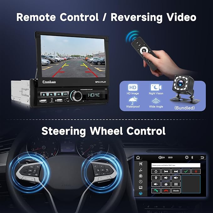 Hodozzy Car Stereo Single Din Automatic Flip Out with Wireless CarPlay Android Auto, 7 Inch Touch Screen Car Radio with Bluetooth 1 Din Mirror Link, EQ SWC, USB/AUX MIC, FM/RDS Radio+ Reversing Camera - Image 7