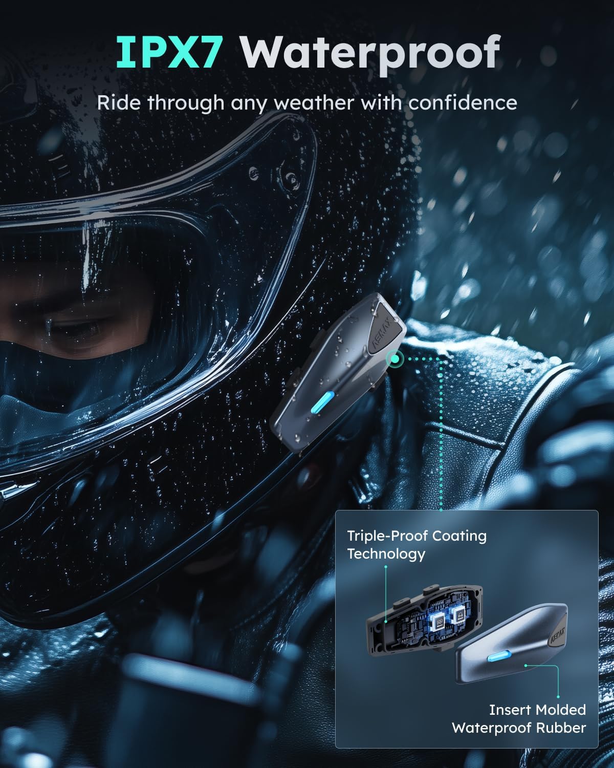 ASMAX S1 Helmet Bluetooth Headset with Smart Voice Control (Duel Pack), 8 Riders Mesh Motorcycle Intercom, Bluetooth 5.4 with Audio Multitasking/Music Sharing/FM Radio, Fit for Snowmobile/ATV - Image 4