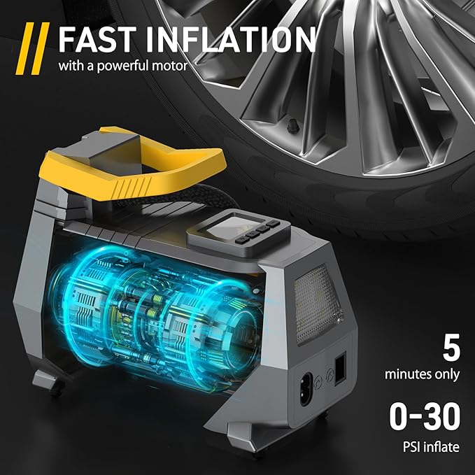 VEEAPE Air Compressor, 220 V 12 V 150 PSI AC DC Dual Power Supply Car Tire Pump for Bicycle Motorcycle Ball with LED Light Adapter Kit Nozzle Presta Valve Cables - Image 9