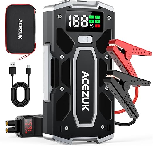 Car Battery Jump Starter 5000A Jump Box (10.0L Gas/8.0L Diesel), Portable Car Starter Battery Pack with Extended Smart Jumper Cables, Quick Charge, Large Display, Lights