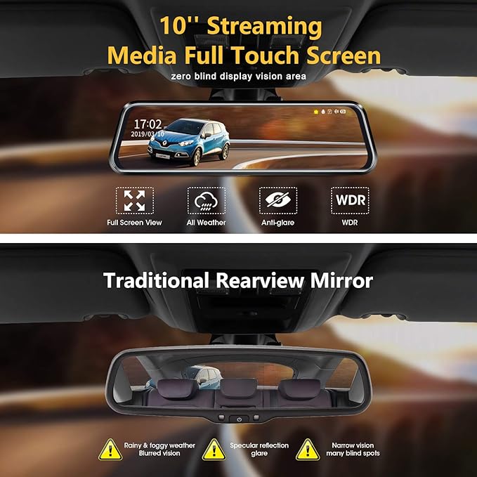 10'' Mirror Dash Cam Night Vision 1080P FHD Full Touch Screen Front and Rear View Backup Camera for Cars Loop Recording Streaming Media 170°Wide Angle Parking Assistance with 10 Meters Cable - Image 8