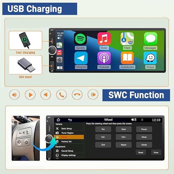 Wireless Car Radio CarPlay 1 DIN - 6.86 Inch Touch Screen Stereo Bluetooth Car Radio with Screen, Radio 1 Din Car Play Supports Mirror Link with Camera, RDS FM Radio/Type-C Recharge/Mic/SWC - Image 5