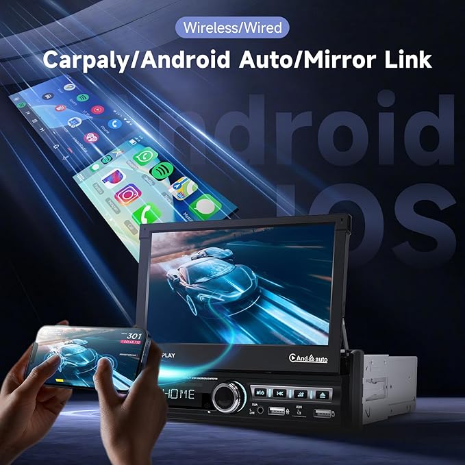 Hodozzy Car Stereo Single Din Automatic Flip Out with Wireless CarPlay Android Auto, 7 Inch Touch Screen Car Radio with Bluetooth 1 Din Mirror Link, EQ SWC, USB/AUX MIC, FM/RDS Radio+ Reversing Camera - Image 3