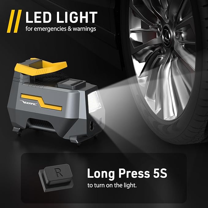 VEEAPE Air Compressor, 220 V 12 V 150 PSI AC DC Dual Power Supply Car Tire Pump for Bicycle Motorcycle Ball with LED Light Adapter Kit Nozzle Presta Valve Cables - Image 6