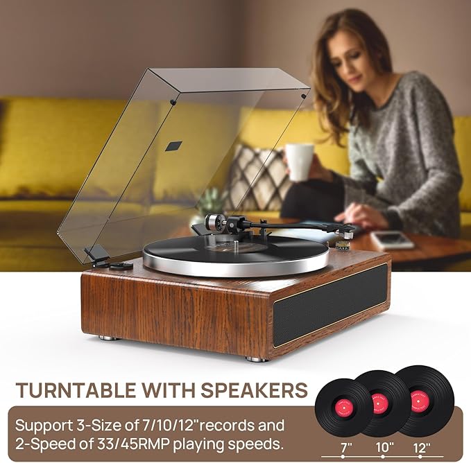 Retrolife Turntable with Integrated Speakers Belt Drive 33/45 RPM Vinyl Record Player Supports Bluetooth Playback with Auto-Stop Function RCA Out and Aux-In Yellow/Brown - Image 6