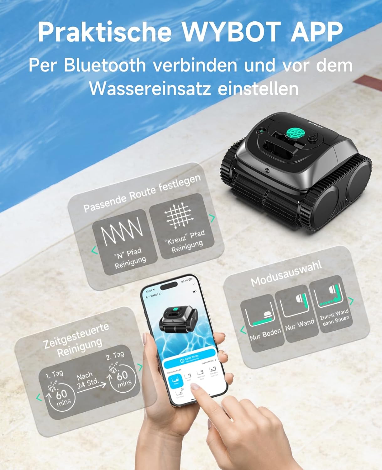 WYBOT C1 pool robot with battery intelligent route planning, fully automatic pool cleaner floor, waterline, and wall cleaning, powerful triple motor runs for 150 minutes, 150 ㎡ grey - Image 8