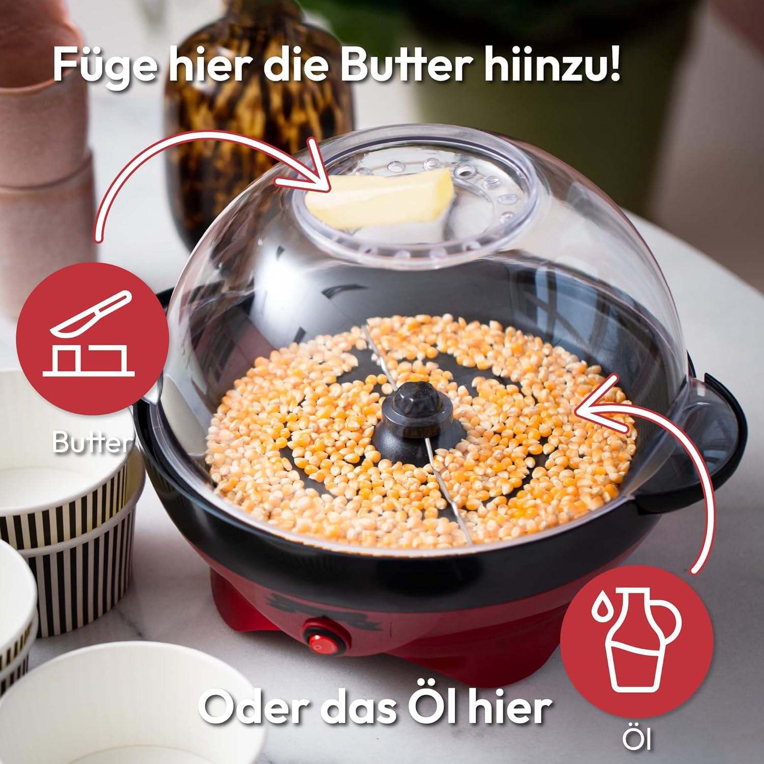 Gadgy Popcorn Machine Large - Retro Popcorn Maker 5 L - Popcorn Maker with Non-Stick Coating and Removable Heating Surface - Popcorn Machine Red - Popcorn Machine 800 W - Popcorn Machine - Image 8