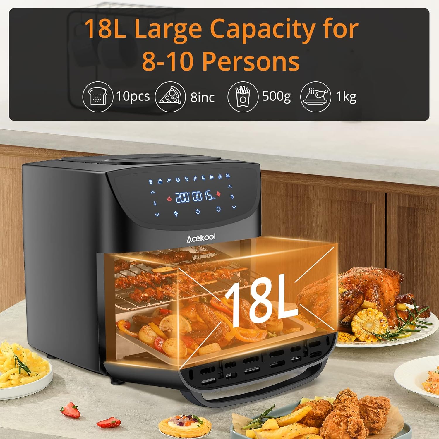 18L Hot Air Fryer XXL, 1800W Hot Air Oven - Air Fryer - Fryer Without Oil - Hot Air Fryer with 7 Accessories, LED Digital Touch Screen, Visualised Window - Acekool Air Fryers FT1 - Image 8