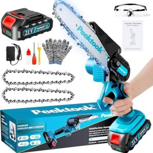 Mini Chainsaw Cordless 6Inch, Peektook Chain Saw Electric Chainsaw Battery Saw with 1 * 2.0Ah Battery & 2 Chains, Small Chain Saw Electric Saw with Strong Motor for Tree Trimming, branches cutting