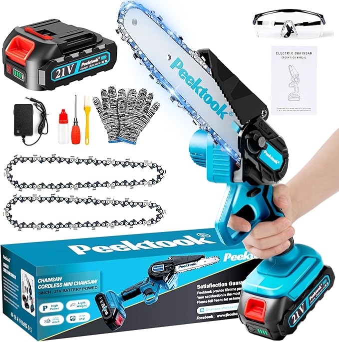 Mini Chainsaw Cordless 6Inch, Peektook Chain Saw Electric Chainsaw Battery Saw with 1 * 2.0Ah Battery & 2 Chains, Small Chain Saw Electric Saw with Strong Motor for Tree Trimming, branches cutting