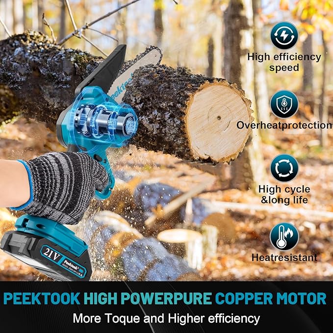 Mini Chainsaw Cordless 6Inch, Peektook Chain Saw Electric Chainsaw Battery Saw with 1 * 2.0Ah Battery & 2 Chains, Small Chain Saw Electric Saw with Strong Motor for Tree Trimming, branches cutting - Image 7