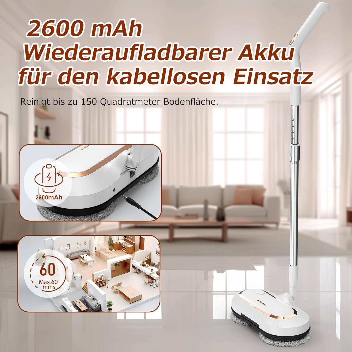 AlfaBot S2 Wireless Electric Mop, Floor Cleaner Spin Mop, Electric Mop with Spray Function and LED, Floor Mop for Wiping, Scrubbing and Polishing - Image 6