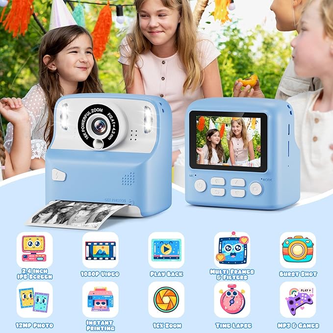 Kids Camera Instant Print for Boys, Digital Camera with 3 Rolls Print Paper & 32G TF Card, Selfie Video Camera with Color Pens for DIY, Christmas Birthday Gift for 3-12 Years Old Kids - Image 8