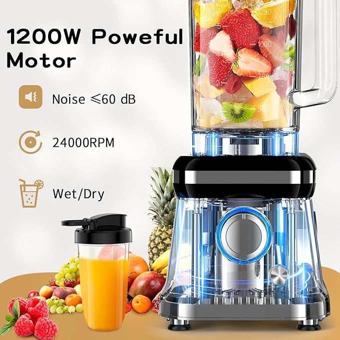 Howork Blender Electric Blender 1200W with Glass Container 1.6L 2 Speeds + Pulse Function 6 Stainless Steel Knives - Image 2