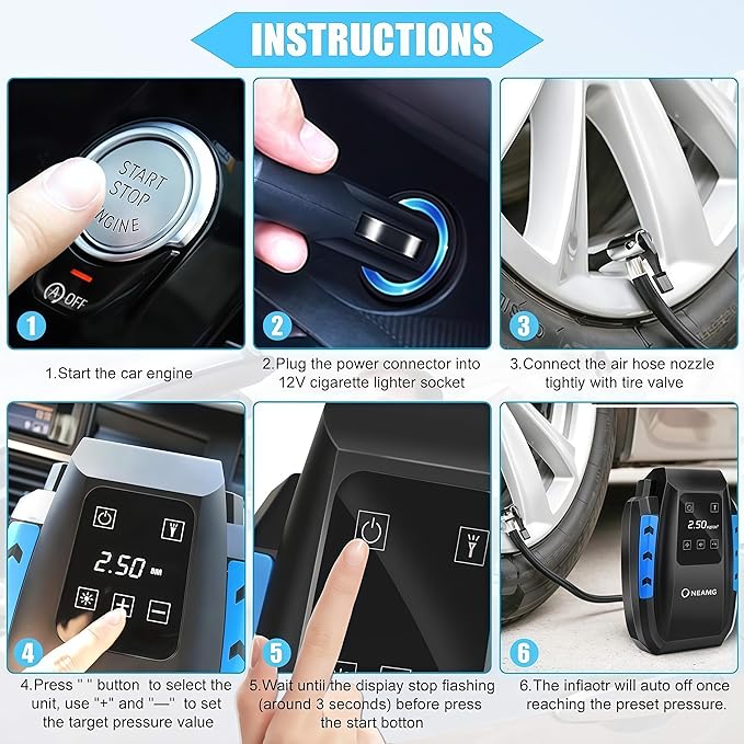Portable Air Compressor 12 V, 120 W Car Tyre Inflator, Electric Air Compressor with Digital Display and LED Light, 3 m Cable for Car Bicycle (Blue) - Image 5