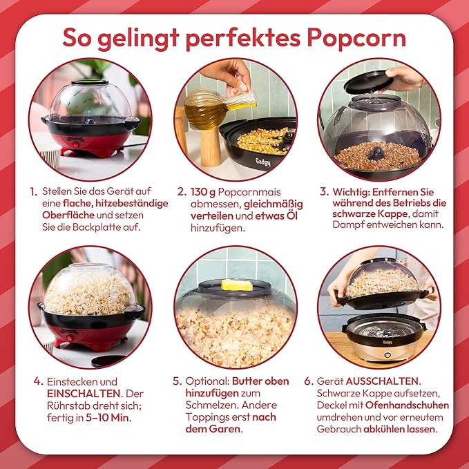 Gadgy Popcorn Machine Large - Retro Popcorn Maker 5 L - Popcorn Maker with Non-Stick Coating and Removable Heating Surface - Popcorn Machine Red - Popcorn Machine 800 W - Popcorn Machine - Image 4