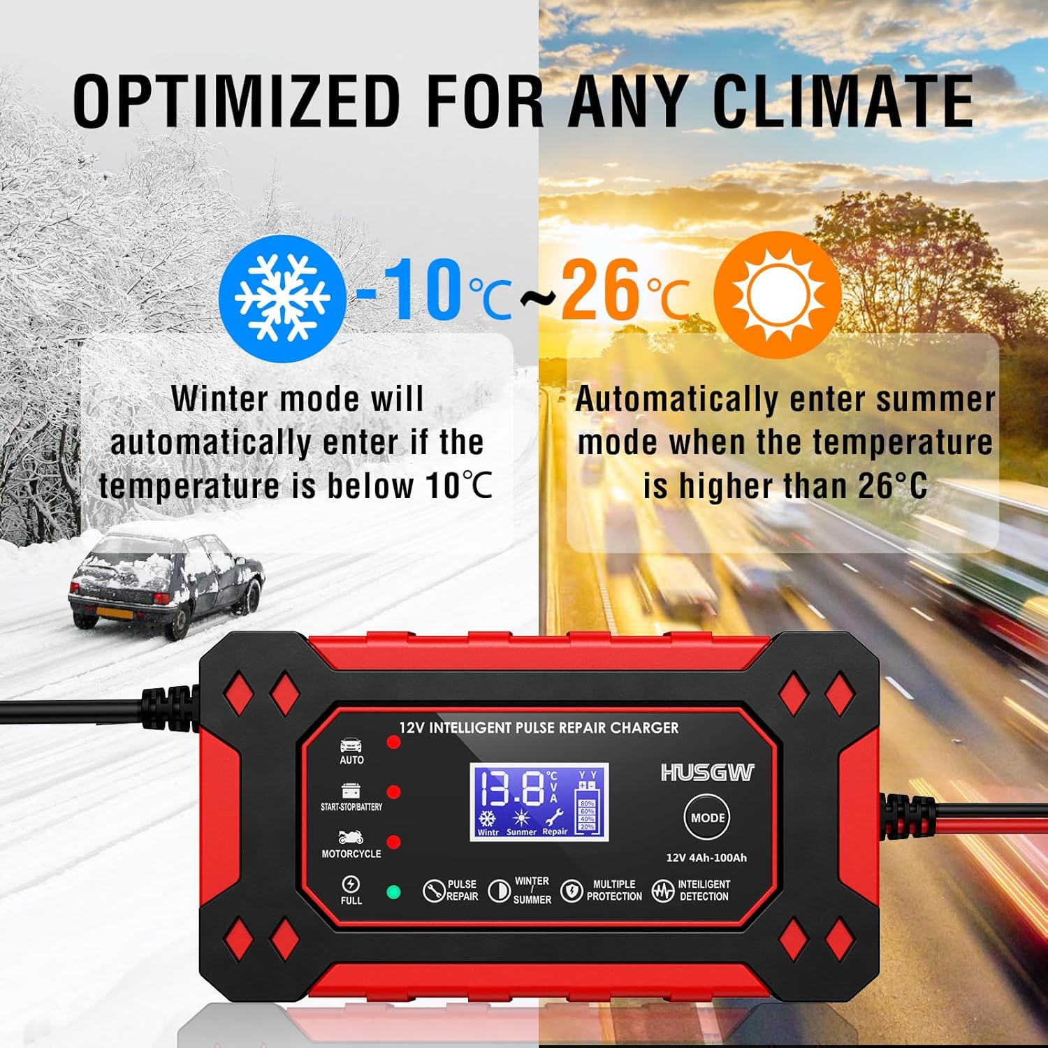 12V 6A Car Battery Charger, Automatic Smart Battery Charger/Maintainer with Temperature Compensation, Car Battery Repair and Desulfator for Car, Motorcycle, SUV, Lithium Batteries & AGM - Image 4