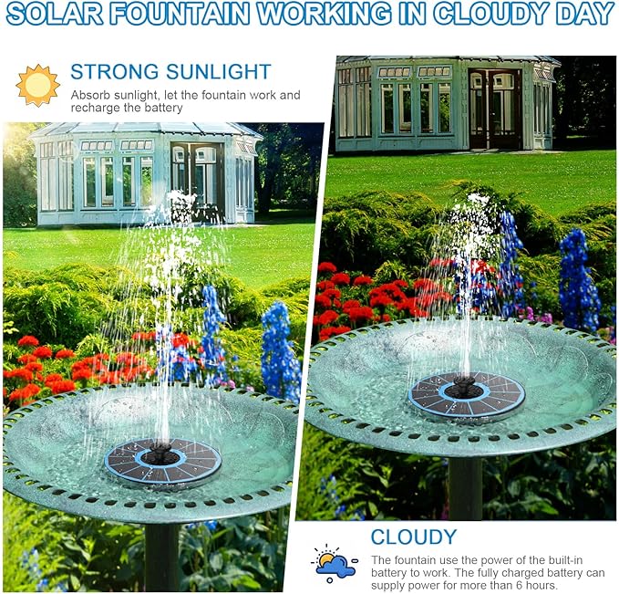 Solar Fountain for Bird Bath, Working On Cloudy Day Solar Water Fountain with 3.5W Glass Solar Panel 2000mAh Battery 4 Fixer 7 Nozzles Solar Fountain Pump - Image 7