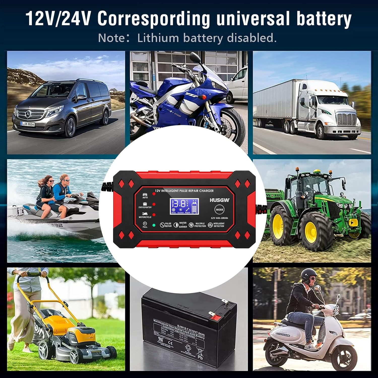 12V 6A Car Battery Charger, Automatic Smart Battery Charger/Maintainer with Temperature Compensation, Car Battery Repair and Desulfator for Car, Motorcycle, SUV, Lithium Batteries & AGM - Image 3