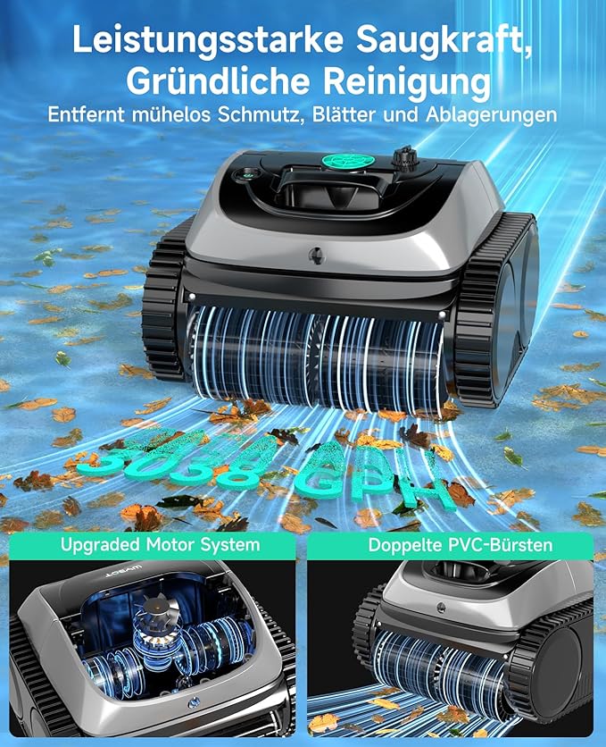 WYBOT C1 pool robot with battery intelligent route planning, fully automatic pool cleaner floor, waterline, and wall cleaning, powerful triple motor runs for 150 minutes, 150 ㎡ grey - Image 3