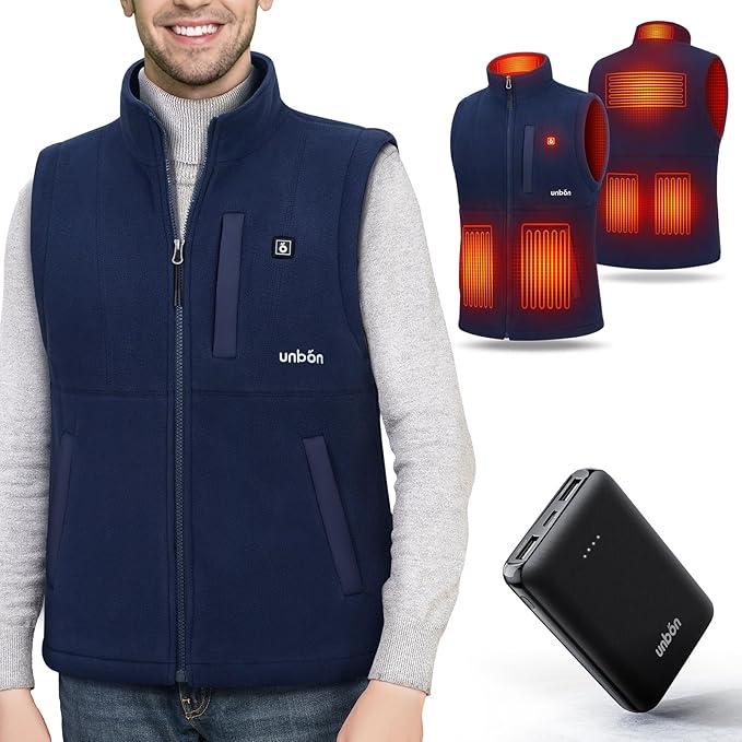 UNBON Men's Heated Jacket, Men's Heated Vest with Battery Included USB 10000mAh Electric, Heated Fleece Jacket with 3 Temperatures 6 Heating Zones Sleeveless for Motorcycle Hunting
