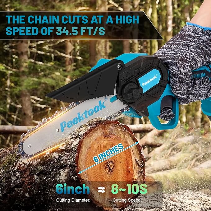 Mini Chainsaw Cordless 6Inch, Peektook Chain Saw Electric Chainsaw Battery Saw with 1 * 2.0Ah Battery & 2 Chains, Small Chain Saw Electric Saw with Strong Motor for Tree Trimming, branches cutting - Image 9