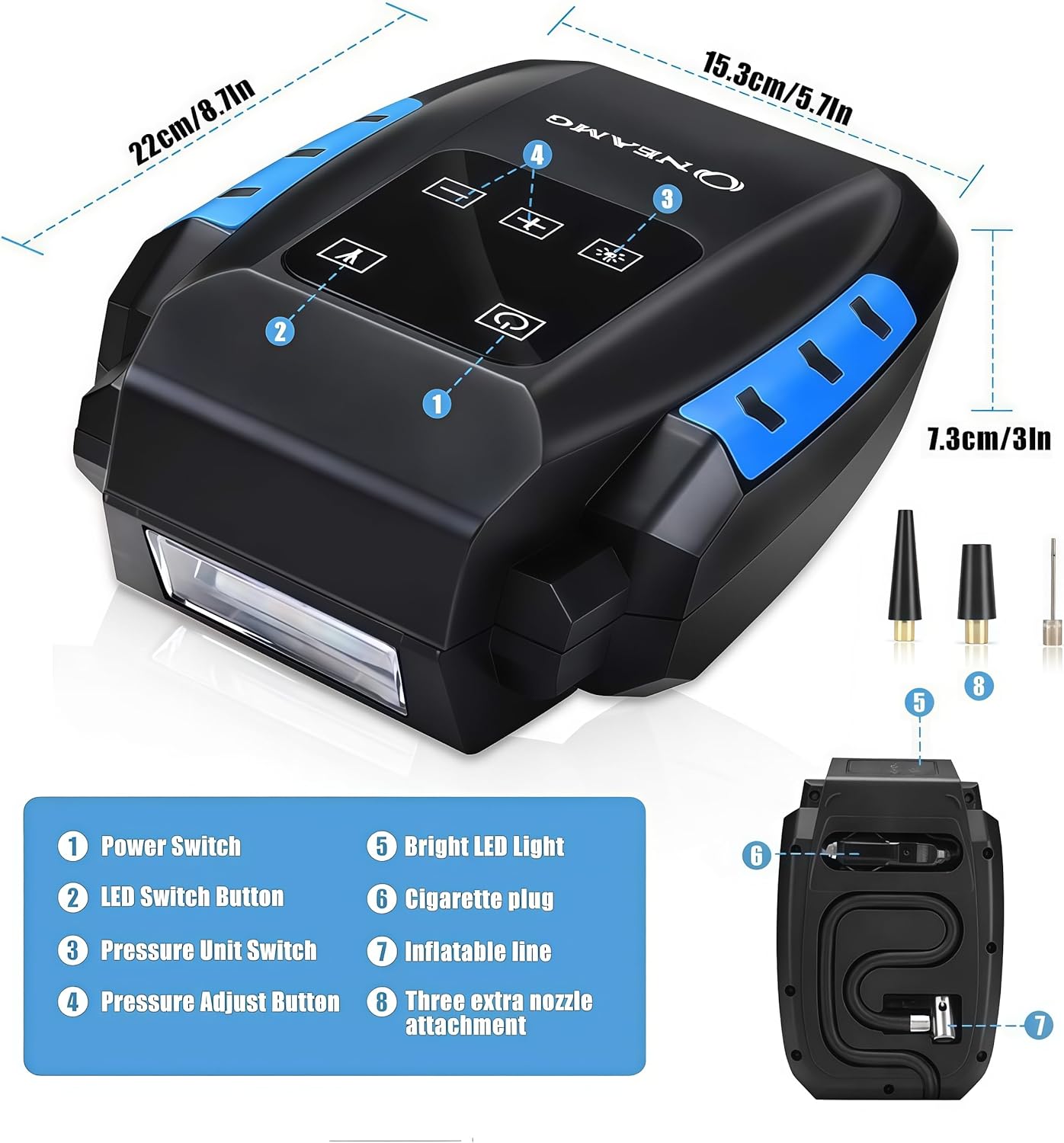 Portable Air Compressor 12 V, 120 W Car Tyre Inflator, Electric Air Compressor with Digital Display and LED Light, 3 m Cable for Car Bicycle (Blue) - Image 4