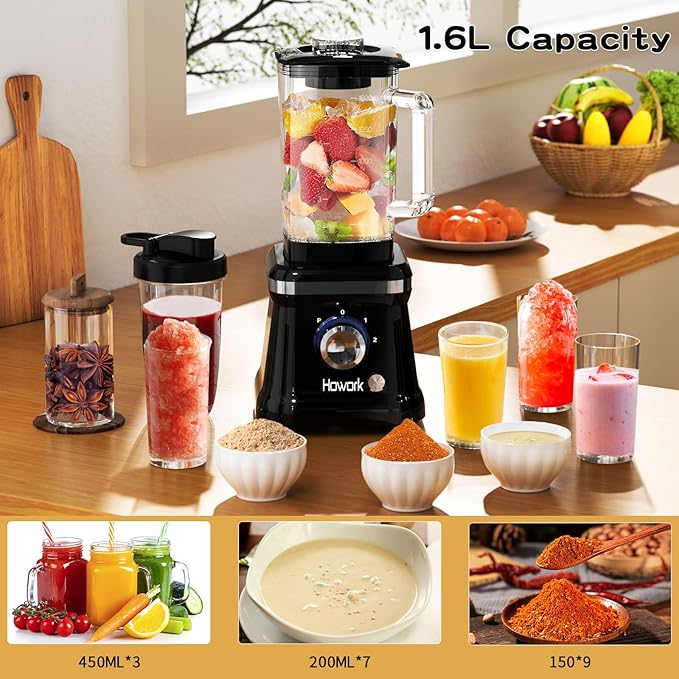 Howork Blender Electric Blender 1200W with Glass Container 1.6L 2 Speeds + Pulse Function 6 Stainless Steel Knives - Image 6