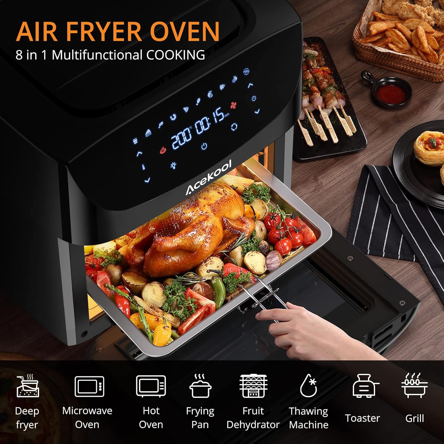 18L Hot Air Fryer XXL, 1800W Hot Air Oven - Air Fryer - Fryer Without Oil - Hot Air Fryer with 7 Accessories, LED Digital Touch Screen, Visualised Window - Acekool Air Fryers FT1 - Image 9